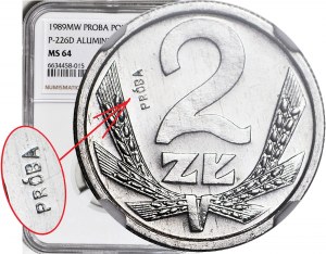 RRR-, 2 Zloty 1989, TECHNISCHES ALUMINIUM-MUSTER, Prägung 10 Stück.