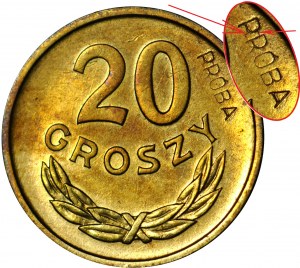 RRR-, 20 pennies 1957, 2 RAZY PRÓBA inscription, brass, rare, c.a.