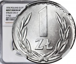 RRR-, 1 zloty 1976, ÉCHANTILLON/ANOMALIE estampillé sur un disque de 50 groszy