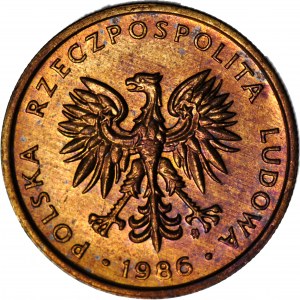 RR-, 5 złotych 1986, DESTRUKT, spora SKRĘTKA 230 stopni