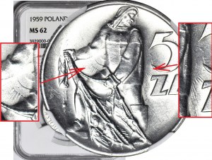 RR-, 5 zloty 1959 Pêcheur, manches étroites, double soleil