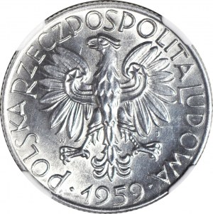 RR-, 5 złotych 1959 Rybak, WĄSKI RĘKAW, PODWÓJNE SŁONECZKO