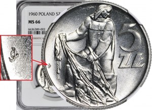 RRR-, 5 złotych 1960, Rybak, ZDWOJENIE MONOGRAMU, b rzadki