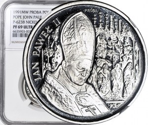 200,000 Gold 1991, John Paul II, bust against altar background, largest of the set, SAMPLE NIKIEL