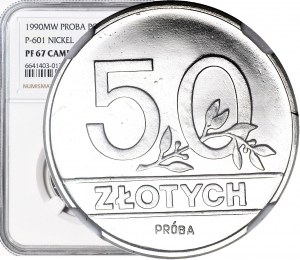 50 zlotých 1990, PRVNÍ PRIMÁTORSKÁ MONETA III. RP S ORLEM V KORUNĚ, NIKLOVÁ CENA