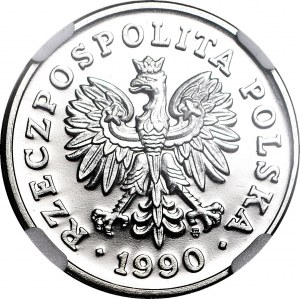 50 zlotých 1990, PRVNÍ PRIMÁTORSKÁ MONETA III. RP S ORLEM V KORUNĚ, NIKLOVÁ CENA