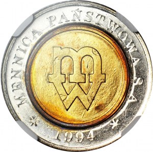 RRR-, 5 złotych 1994, Warszawa, PRÓBA TŁOCZENIA, 180 st. odwrotka