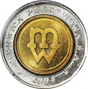 5 zlotých 1994, Varšava, PRÓZE TŁOCK, dátum 1994 pod monogramom MW, mincovňa