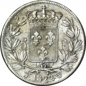 France, Louis XVIII, 5 francs 1822 W, Lille