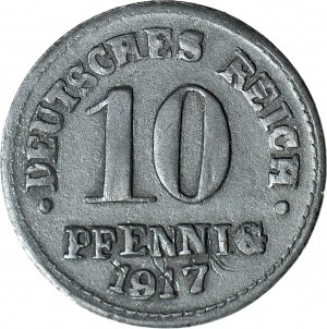 Nemecko, 10 fenig 1917, dobový falzifikát, zinok, tepané - ručne ryté známky