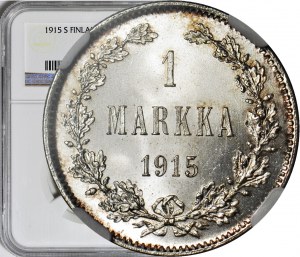 Finlandia / Rosja, Mikołaj II, 1 markka 1915, wyśmienita, b. wysoka NOTA