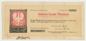 R-, příděl polské státní pokladny, 100 korun 1918, šestimístné číslo a podpis ředitele úřadu.