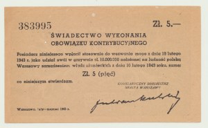 5 zlotých 1943, potvrdenie o príspevku, krásne