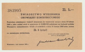5 Zloty 1943, Beitragsbescheinigung, schön