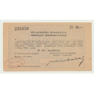 30 zł 1944, Świadectwo Kontrybucji, b. rzadkie z pieczęcią Komisariatu IX,