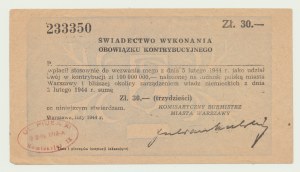 30 zl 1944, potvrdenie o príspevku, veľmi vzácne s pečiatkou komisariátu IX,