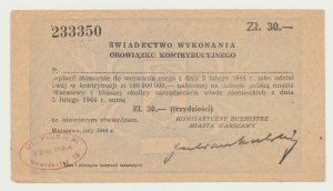 30 zl 1944, Certificat de contribution, très rare avec le cachet du Commissariat IX,