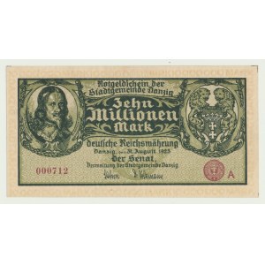 Gdańsk, 10 milionów marek 1923, bez serii, druk nieobrócony, bardzo niski nr. A000712