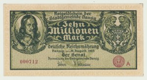 Danzig, 10 Millionen Mark 1923, keine Serie, ungedrehter Druck, sehr niedrig Nr. A000712