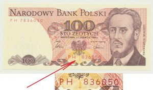 100 złotych 1986, Waryński, PH 836050 nr. SZEŚCIOCYFROWY, BŁĄD NUMERATORA!!!