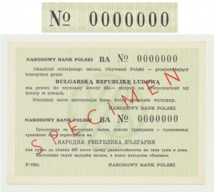 Tranzitný poukaz NBP 450 zlotých 1988 vľavo, Bulharsko, malá séria. BA0000000 VZORKA