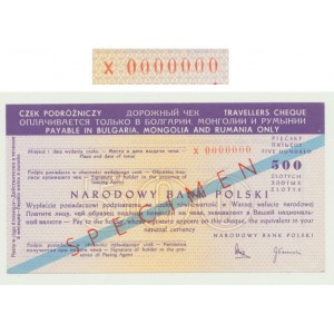 NBP, Czek podróżniczy, lata 80-te, Bułgaria - Polska, 500 złotych wymiana 25,5 lewów, X0000000 SPECIMEN