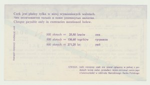 NBP, chèque de voyage, années 1980, Bulgarie - Pologne, échange de 500 zlotys contre 25,5 leva, X0000000 SPÉCIMEN