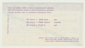 NBP, cestovný šek, 80. roky 20. storočia, Bulharsko - Poľsko, 500 zlotých, 25,5 leva, X0000000 SPECIMEN