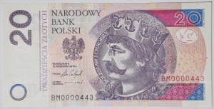 20 złotych 2016, ser. BM 0000443, niski numer, cztery zera na początku