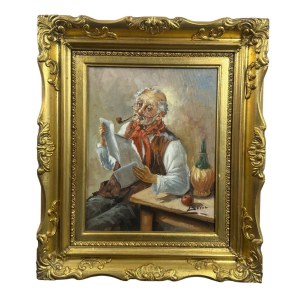 L.SEME, homme âgé avec une pipe en train de lire - L. Seme