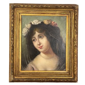 ANONIMO, Porträt einer Frau mit blumengeschmücktem Kopf.