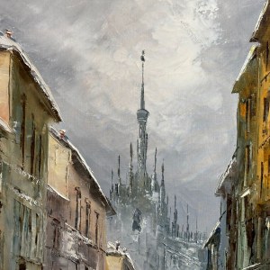 E.MANTEGANI, Street in Milan and a view of the Duomo - E. Mantegani