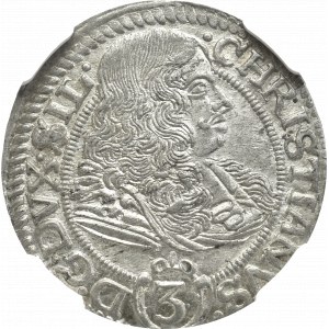 Śląsk, Krystian Wołowski, 3 krajcary 1669 CB, Brzeg - NGC MS64