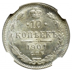 Rosja, Mikołaj II, 10 kopiejek 1901 ФЗ - NGC MS67