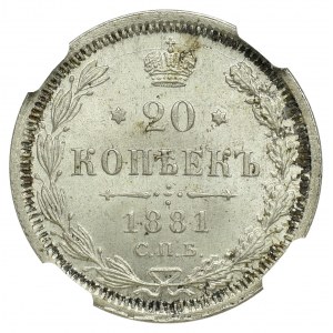 Rosja, Aleksander III, 20 kopiejek 1881 НФ - NGC MS66