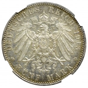 Niemcy, Bawaria, Otto, 5 marek 1913 D - NGC MS62