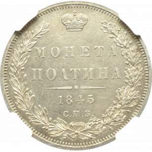 Russia, Nicholas I, Half rouble 1845 СПБ КБ - NGC MS62