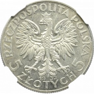 II Rzeczpospolita, 5 złotych 1932, Głowa kobiety, ze znakiem, Warszawa - NGC AU58