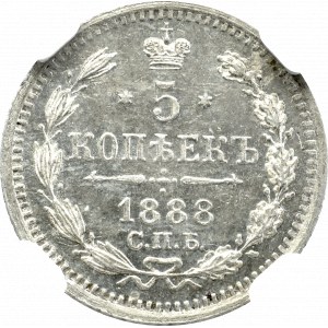 Rosja, Aleksander III, 5 kopiejek 1888 СПБ-АГ - NGC MS64