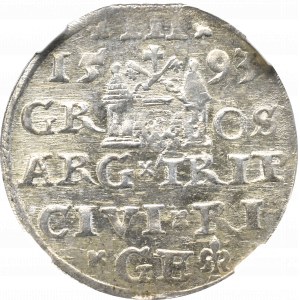 Zygmunt III Waza, Trojak 1593, Ryga - nieopisana interpunkcja NGC MS61