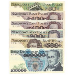 Polska, PRL i III RP, Zestaw 6 banknotów od 50 - 100000 złotych 