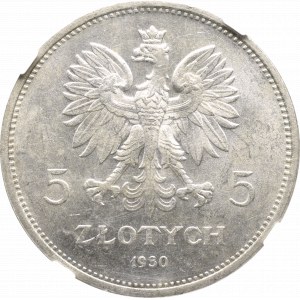 II Rzeczpospolita, 5 złotych 1930, Sztandar - NGC MS63