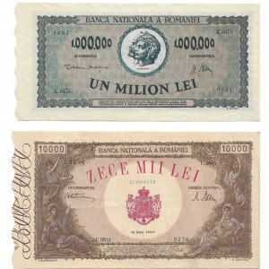 Romania, lot 1000 lei 1945, 10000 lei 1945 and 1000000 lei 1947