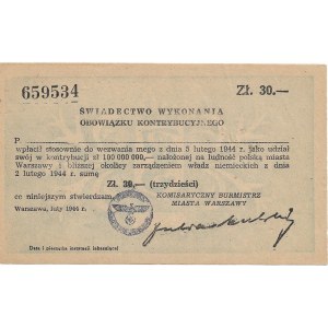Świadectwo kontrybucji - 30 złotych 1944