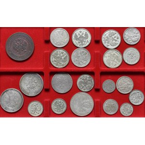 Rosja, zestaw srebrnych monet (20szt) + 5 kopiejek 1911 
