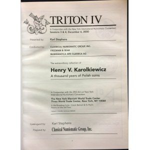 Katalog aukcyjny Triton IV „The Extraordinary Collection of Henry V. Karolkiewicz. A thousand years of Polish Coins” 