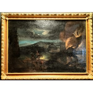 ANONIMO, Scena di viandanti con incendio, Maestro Fiammingo, fine Secolo XVII