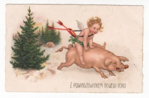 Postkarte Amor auf einem Schwein / Neujahrstag 1931