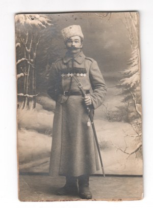 [Russia] Photograph on cardboard Soldier Tsarist Army [ca] 14x10 cm.