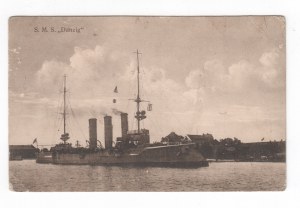 GDANSK. krížnik S.M.S. Danzig, postavený v cisárskych lodeniciach v Gdansku, spustený na vodu v roku 1905
